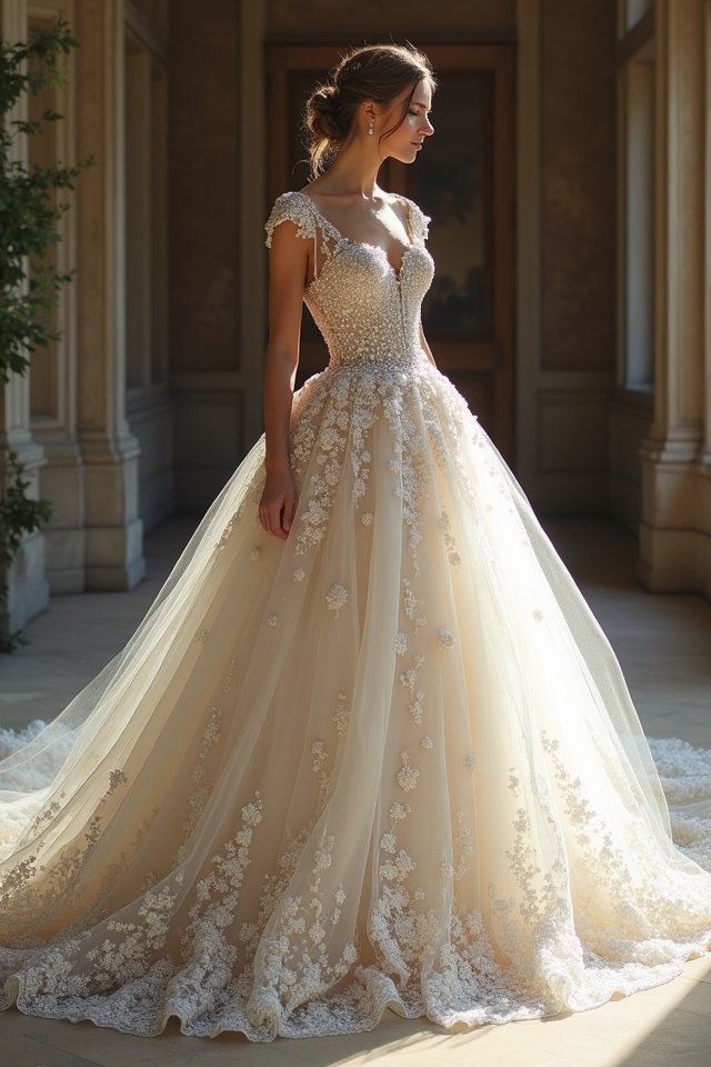 beaded embellishments enhance gowns
