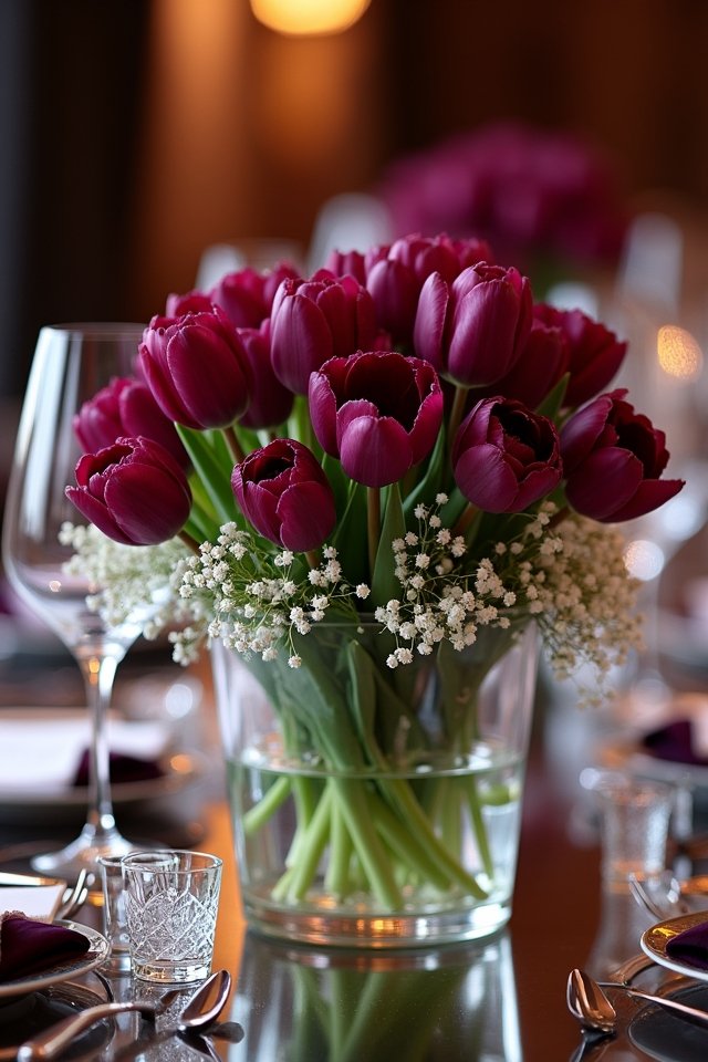 plum tulips and baby s breath