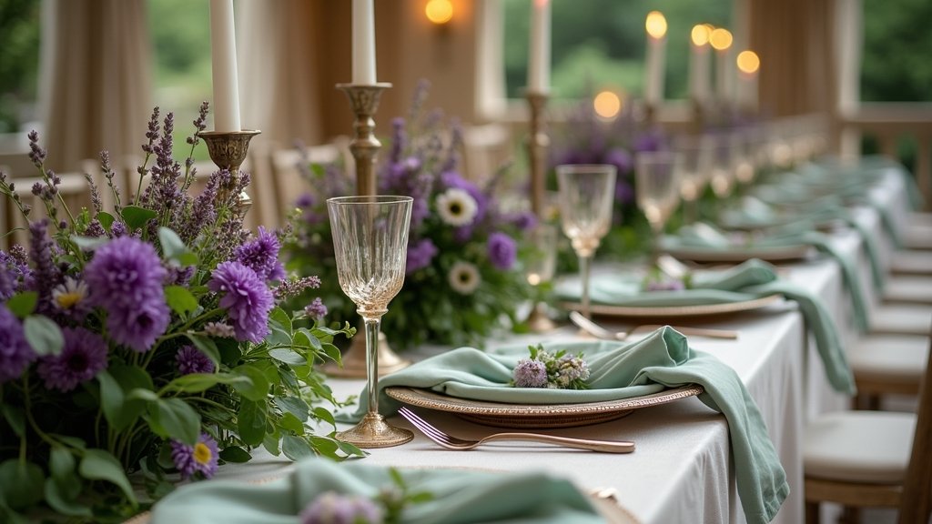 sage green and purple decor