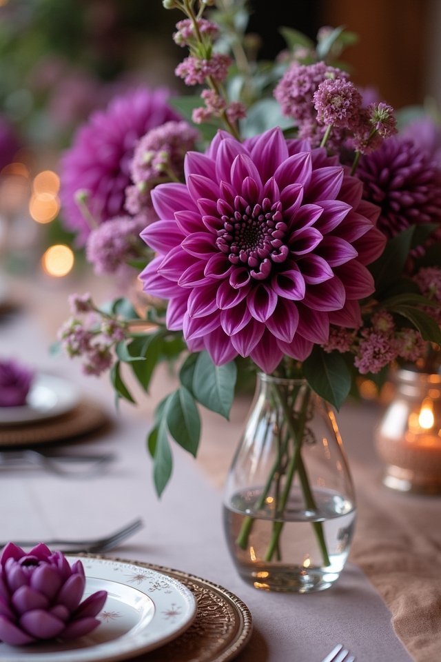 whimsical dahlia eucalyptus centerpiece