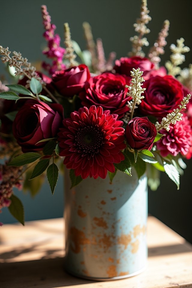 antique tin burgundy bouquet