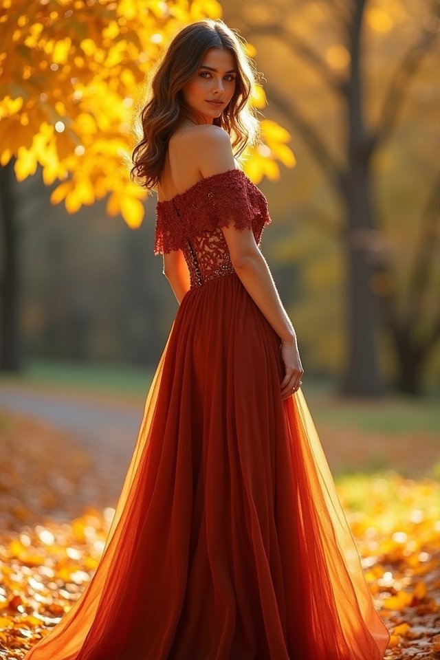 autumn rust off the shoulder gown