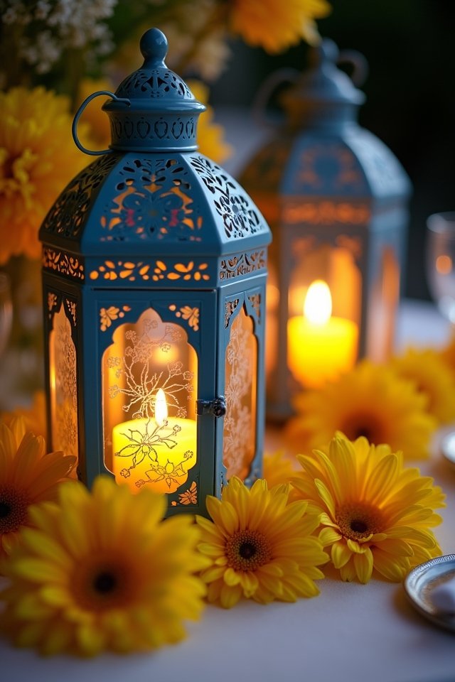 blue lanterns yellow candles