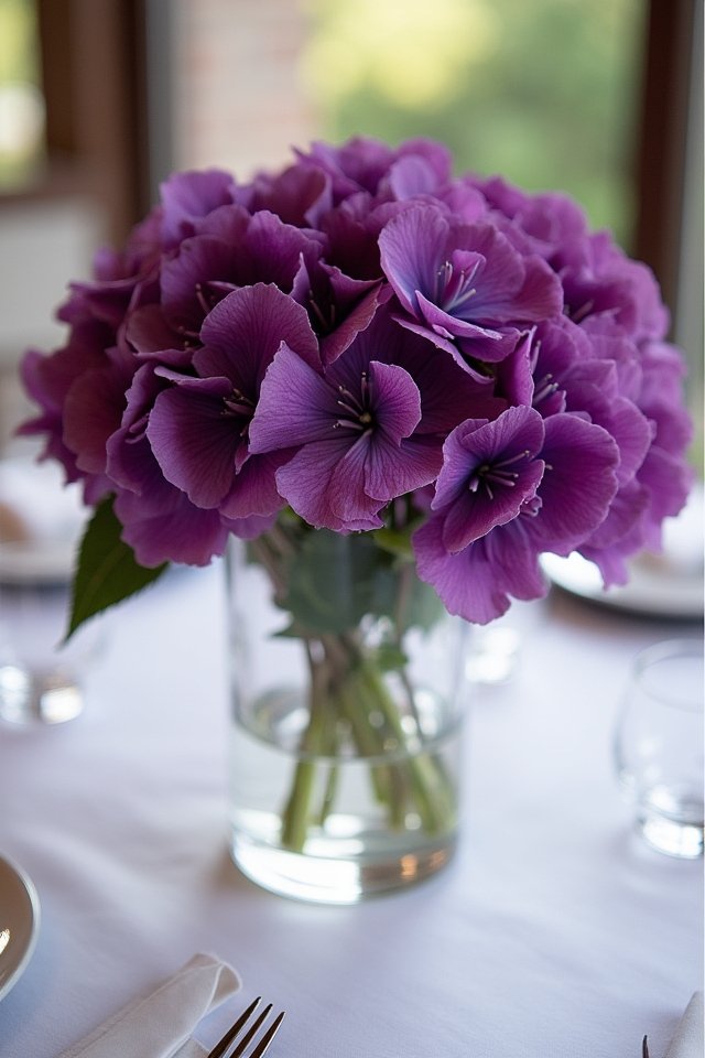 bold purple hydrangea centerpiece