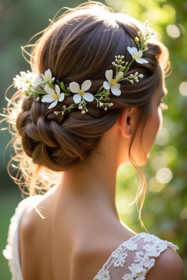 braided updo with wildflowers