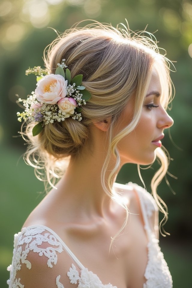 carefree floral wedding hairstyle
