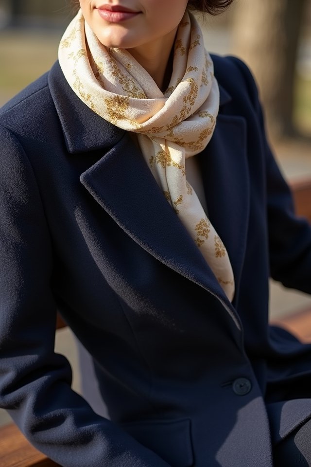 chic coat and silk scarf