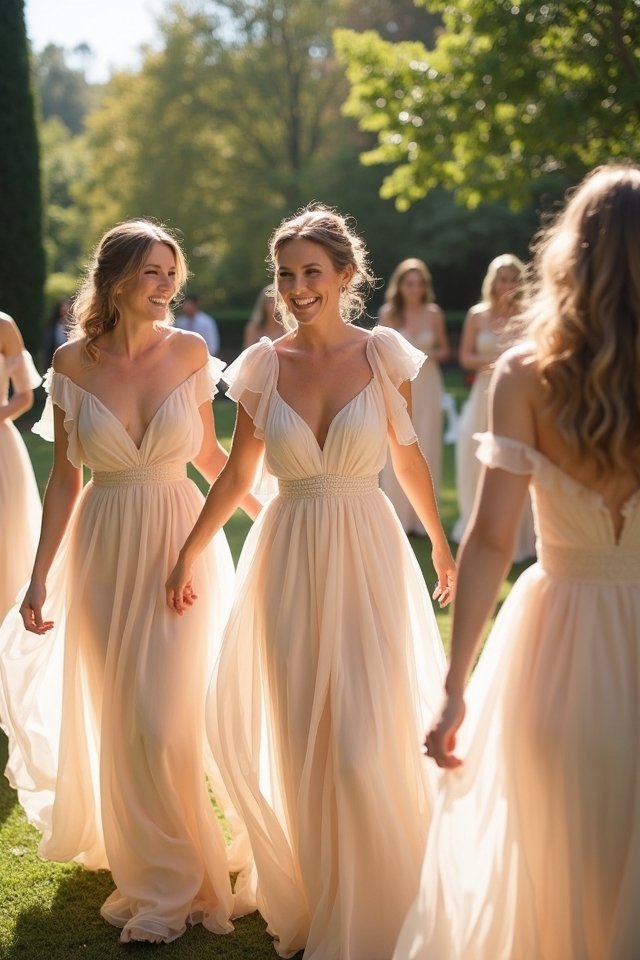 chiffon gown with ruffle sleeves