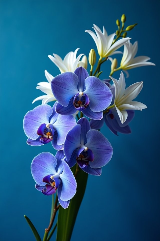 dark blue orchids white lilies