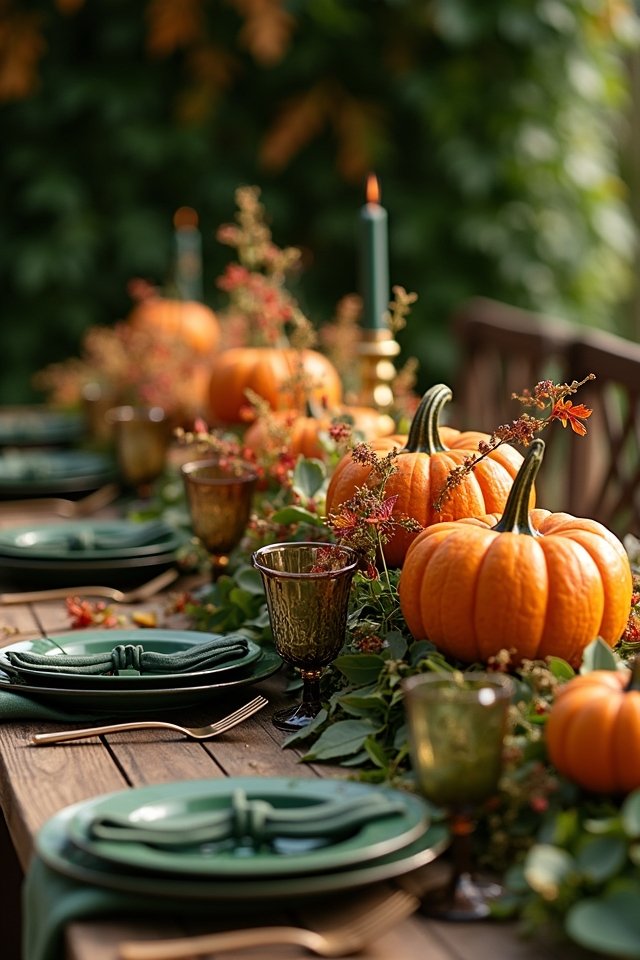 deep green and pumpkin decorations