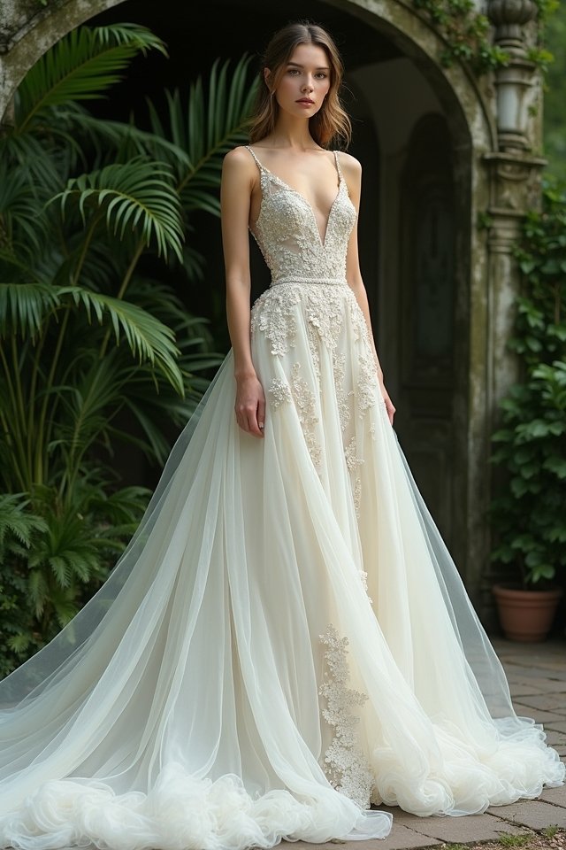 dramatic asymmetrical wedding trains