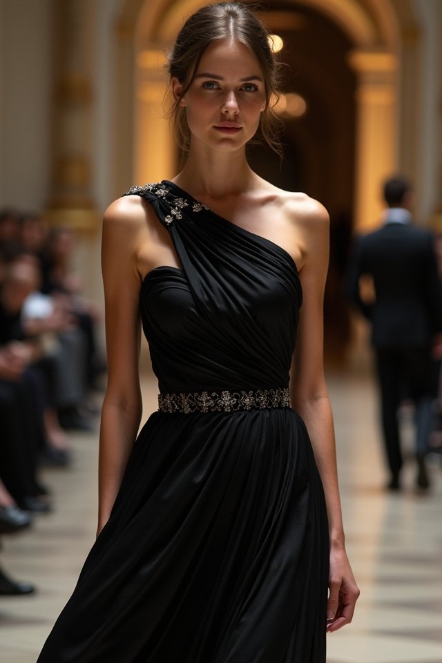 dramatic draped one shoulder elegance