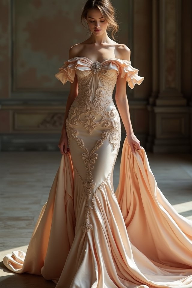 dramatic satin off the shoulder gown