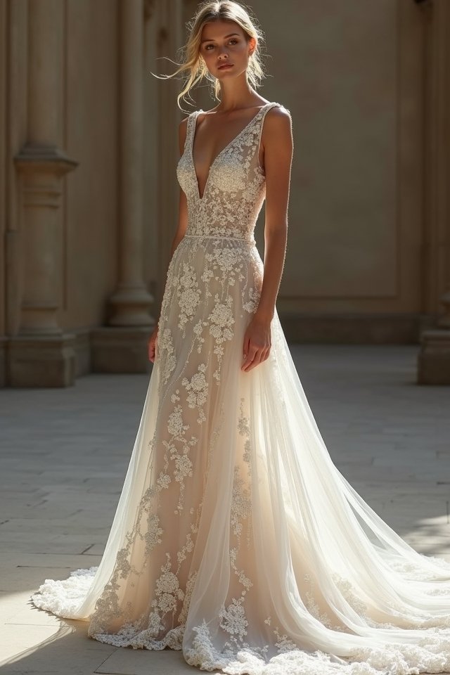 elegant a line cathedral gown