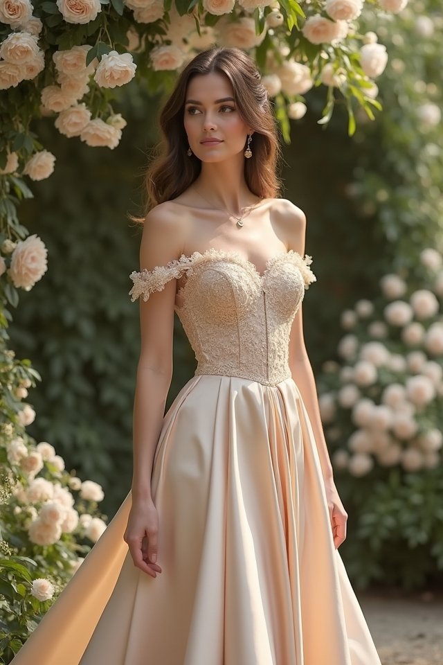 elegant off shoulder champagne gown
