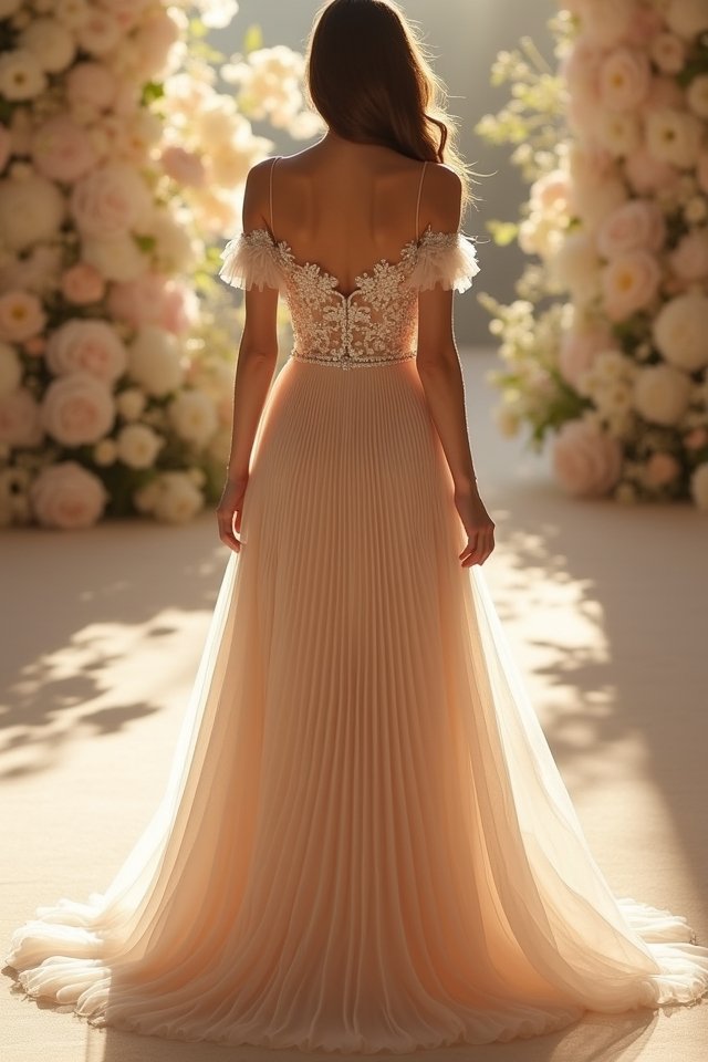 elegant off shoulder pleated gown