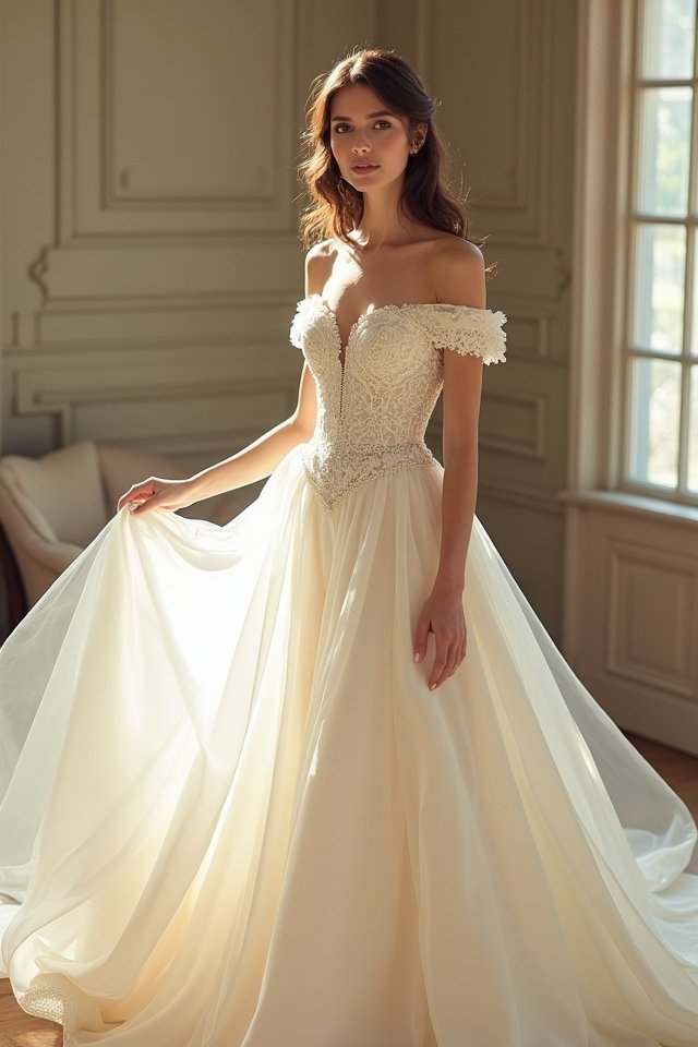 elegant off shoulder wedding gown