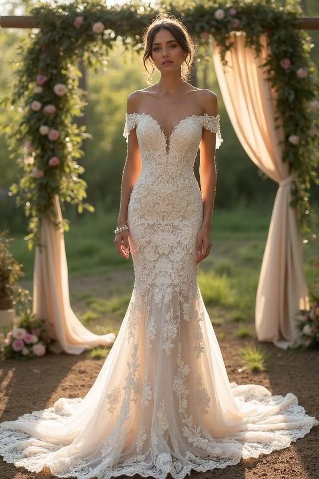 elegant off the shoulder lace gown