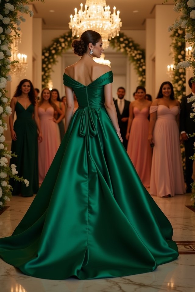 elegant off the shoulder satin gown