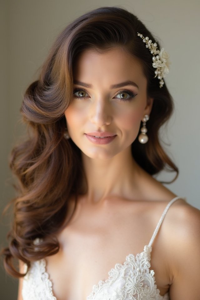 elegant side swept bridal curls