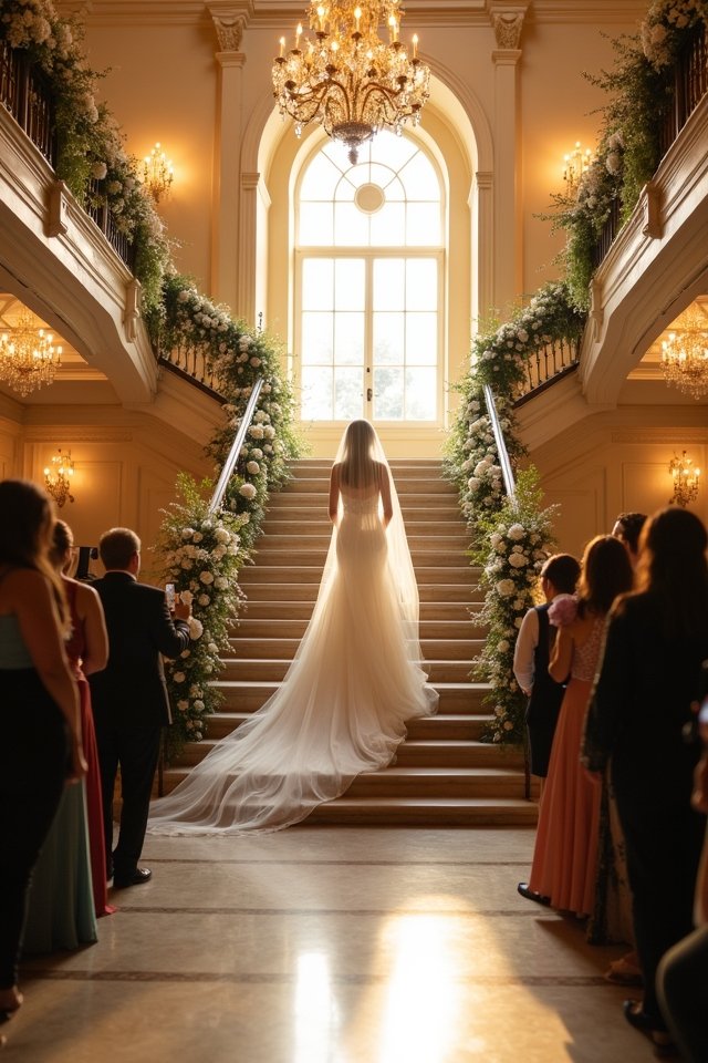 elegant staircase wedding photography