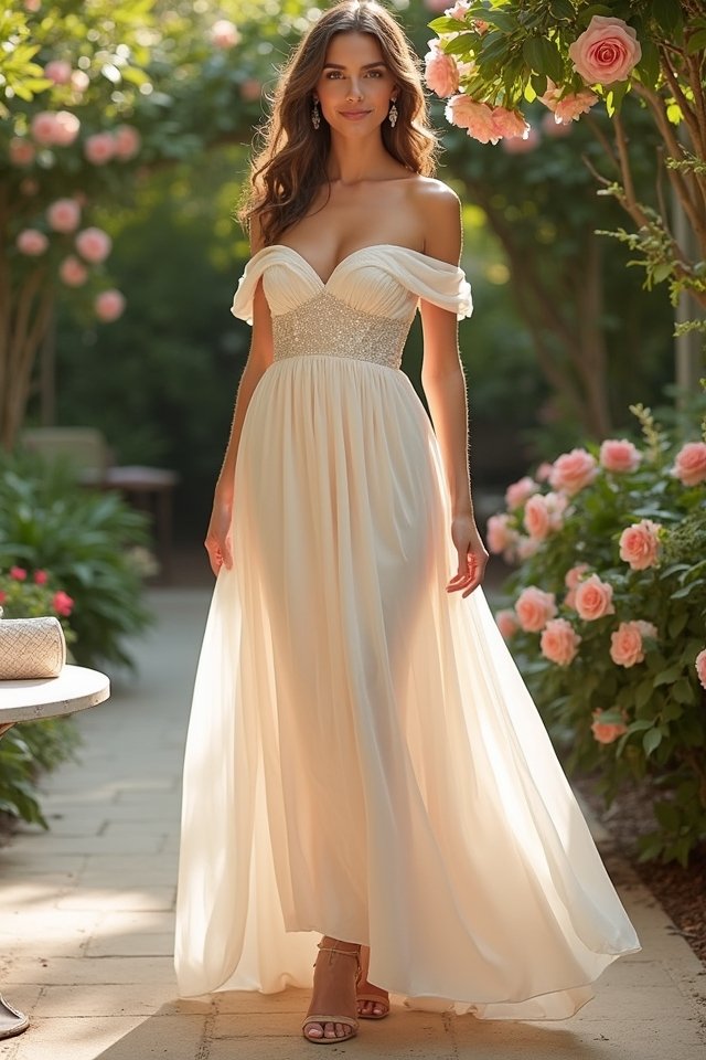 flirty off shoulder chiffon elegance