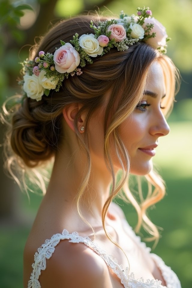 floral crown wedding updo