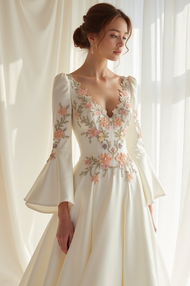 floral embroidered satin dress