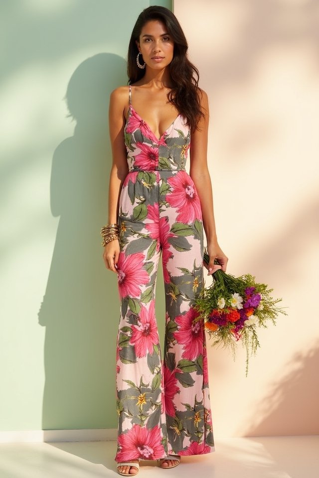 floral jumpsuit bold accessories