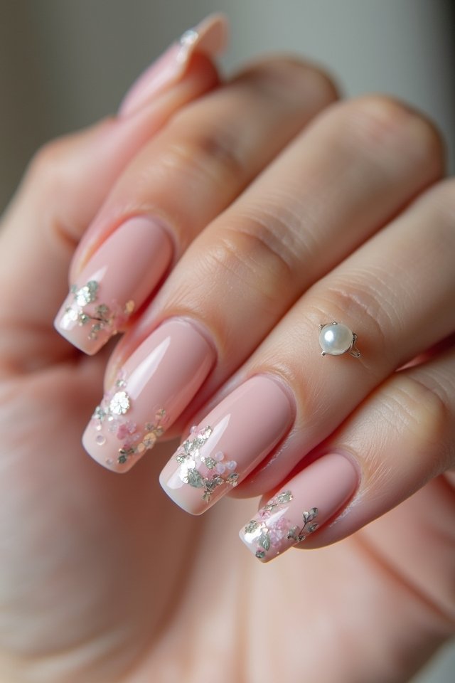 floral nails with pearls