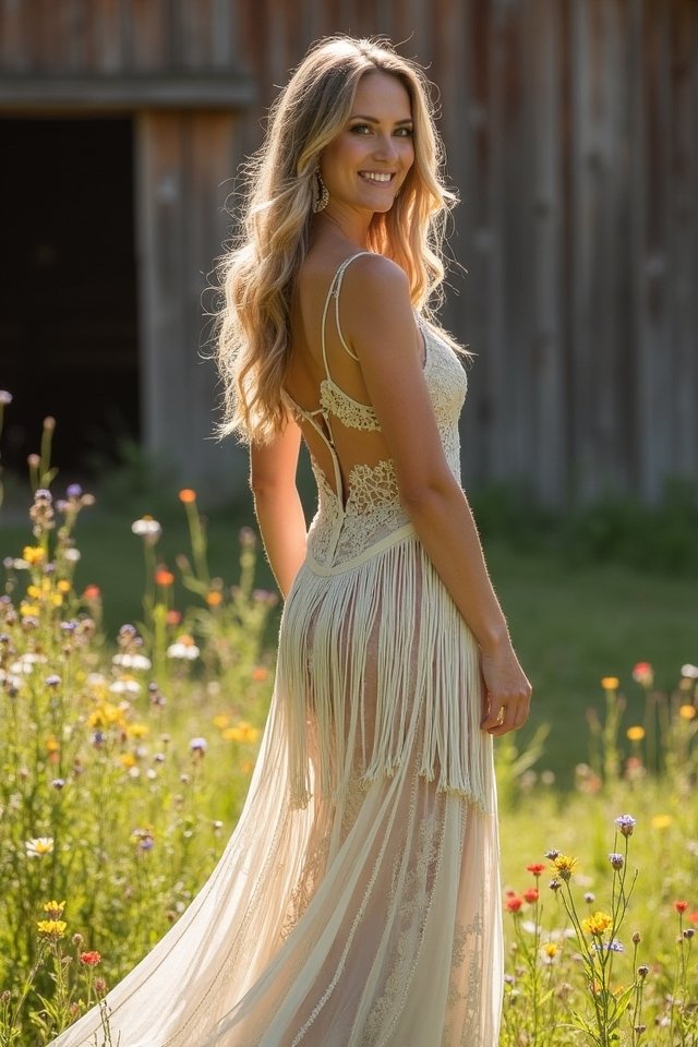 fringe trimmed rustic wedding dress
