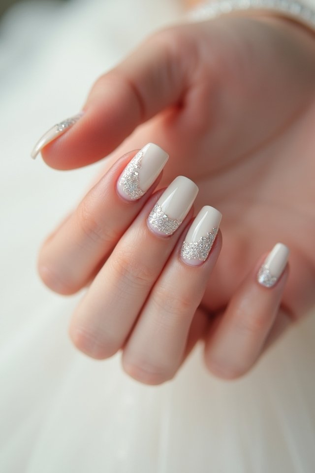 half moon pearl glitter manicure
