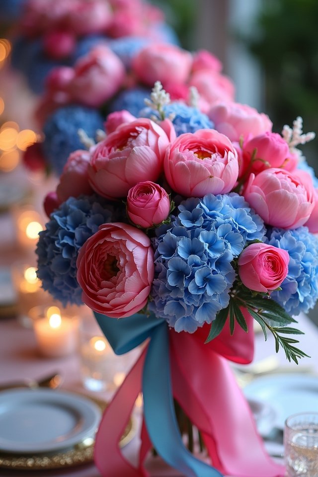 hot pink and blue bouquets
