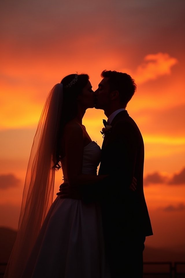 iconic sunset silhouette embrace