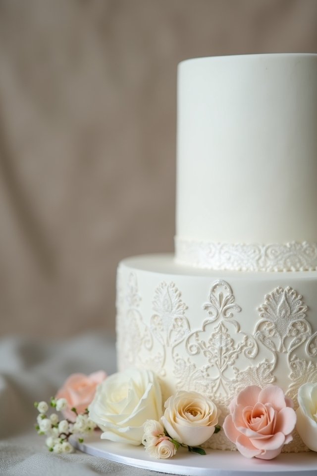 lace adorned romantic wedding cake