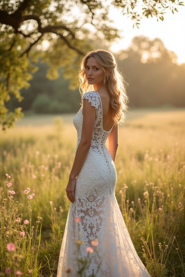 lace gown with cap sleeves