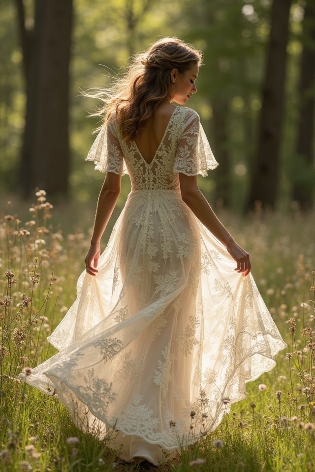 lace gown with flutter sleeves