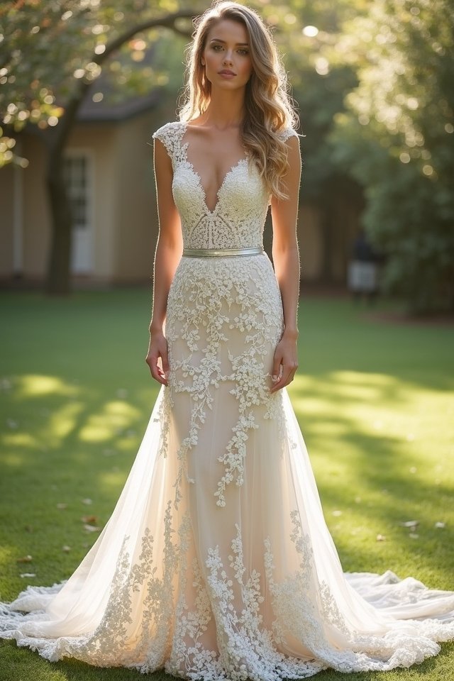 lace gown with metallic accents