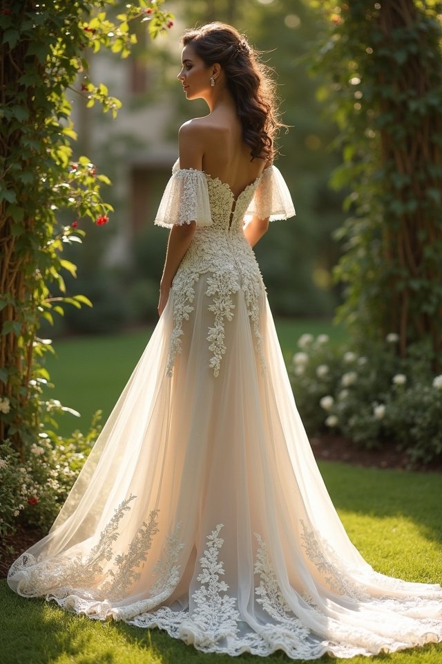 lace off shoulder wedding gown