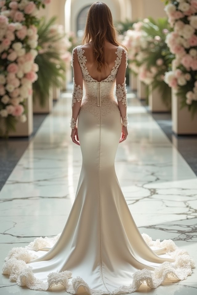 lace trimmed satin mermaid dress