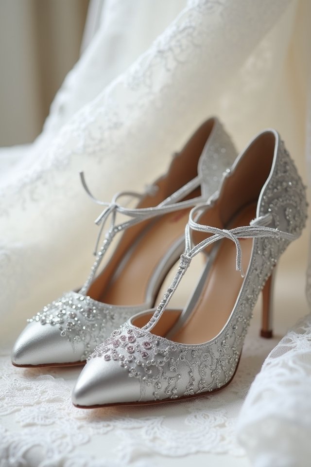 lace up silver wedding heels
