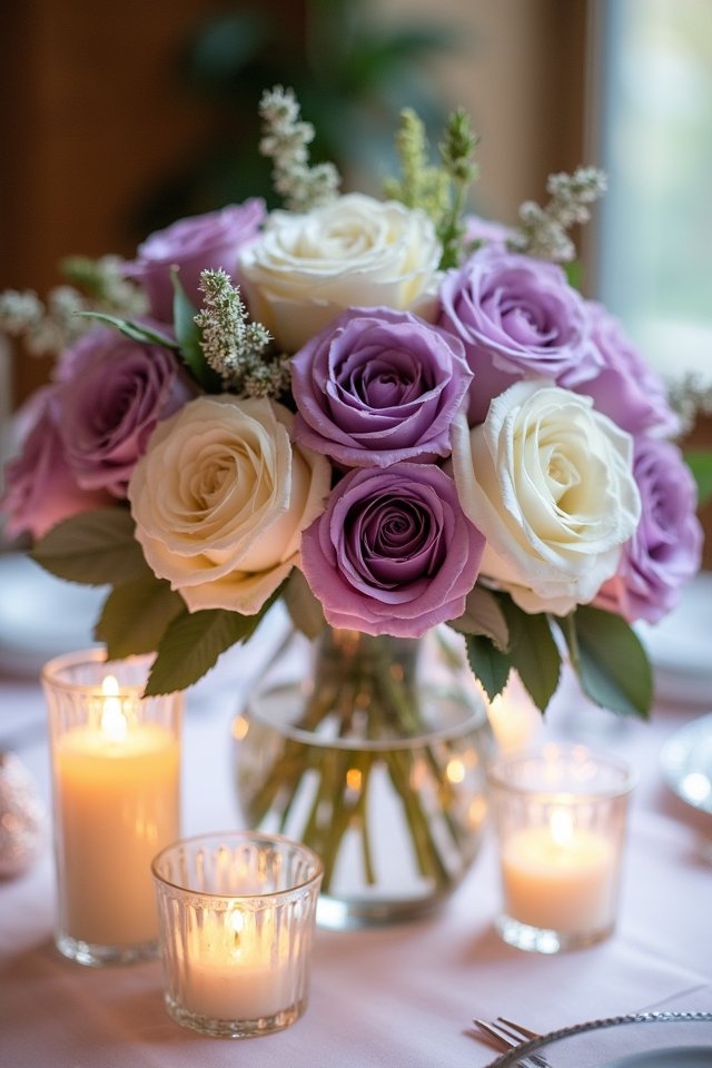 lavender white rose centerpiece