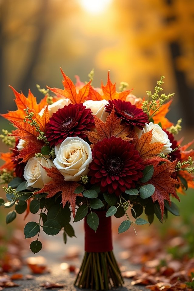 maple leaves enhance bridal bouquets