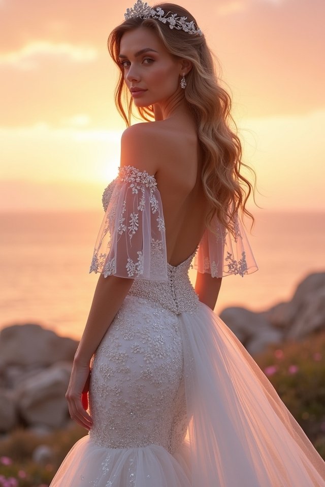 mermaid gown with dramatic sleeves