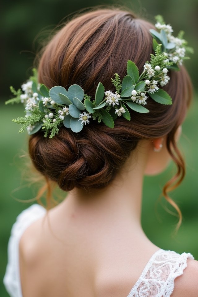messy chignon with greenery
