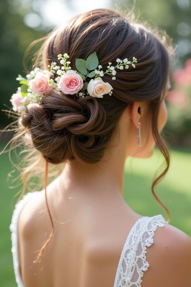 messy floral wedding updo