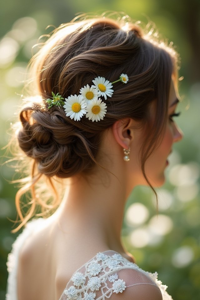 messy updo with daisies