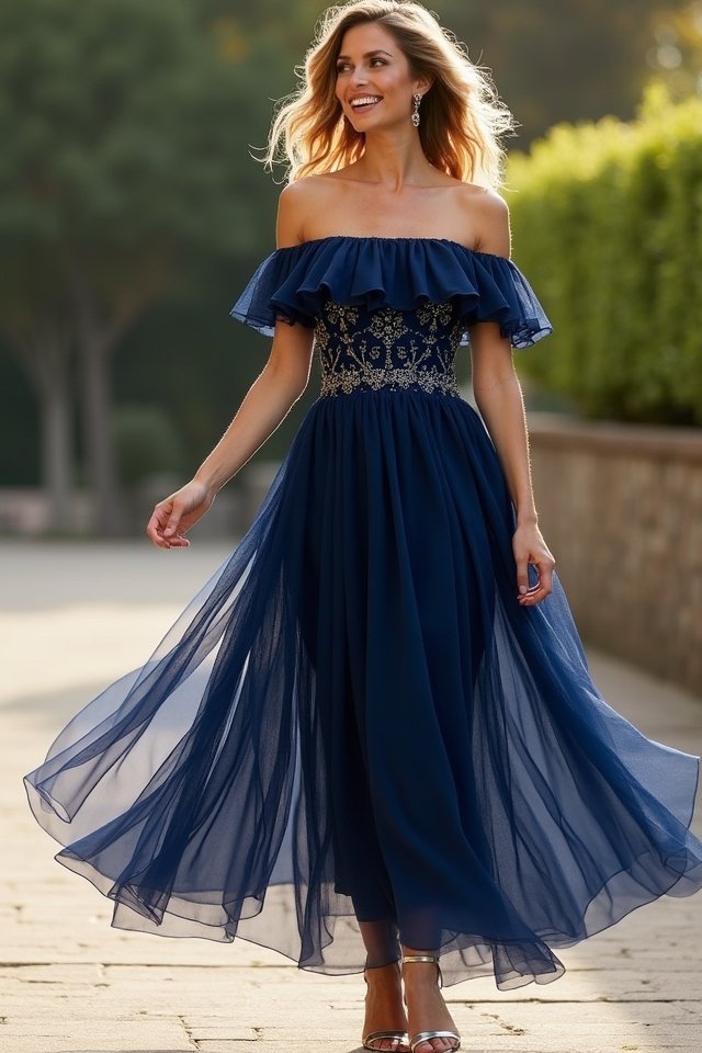 navy blue ruffle midi dress