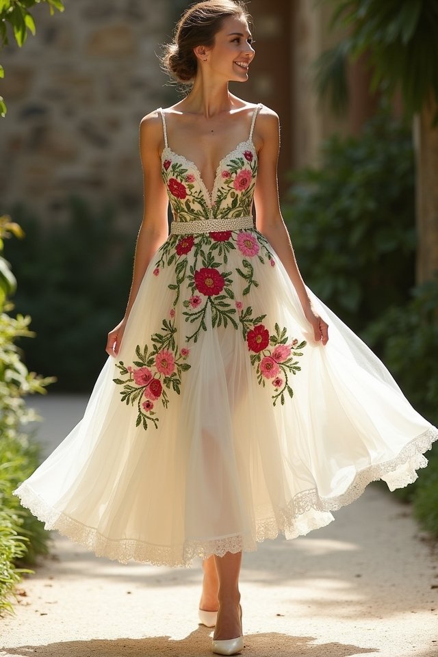 playful embroidered tea length dress