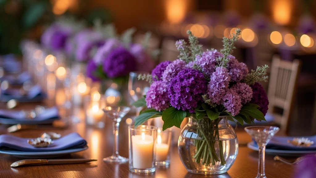 purple flower reception centerpieces